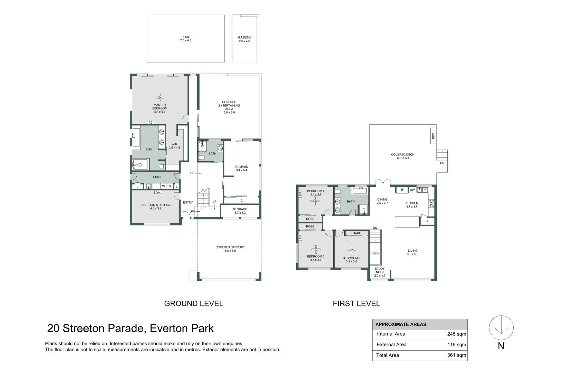 Marketing floor plan of 20 Streeton Parade showing the ground level with master suite, rumpus, office and carport, and the first level with kitchen, living, dining and four bedrooms